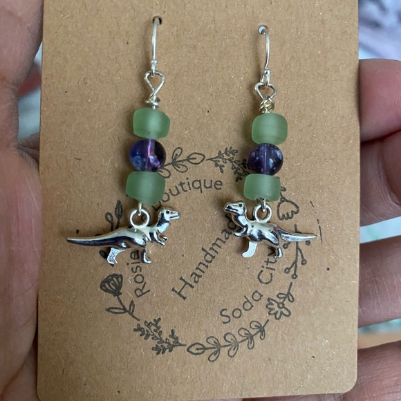 T-Rex beach glass bead dinosaur earrings. Handmade - Picture 7 of 8